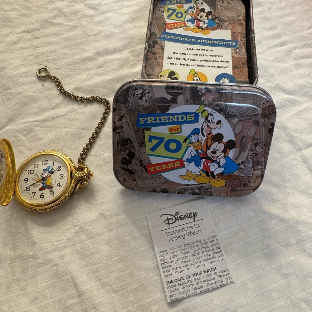 Disney Friends for 70 Years Watch and Tin timepiece gold tone on 7” chain 1998